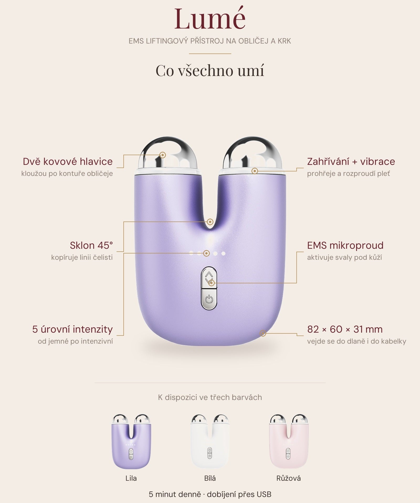 Lumé – co všechno umí: dvě kovové hlavice, EMS mikroproud, zahřívání a vibrace