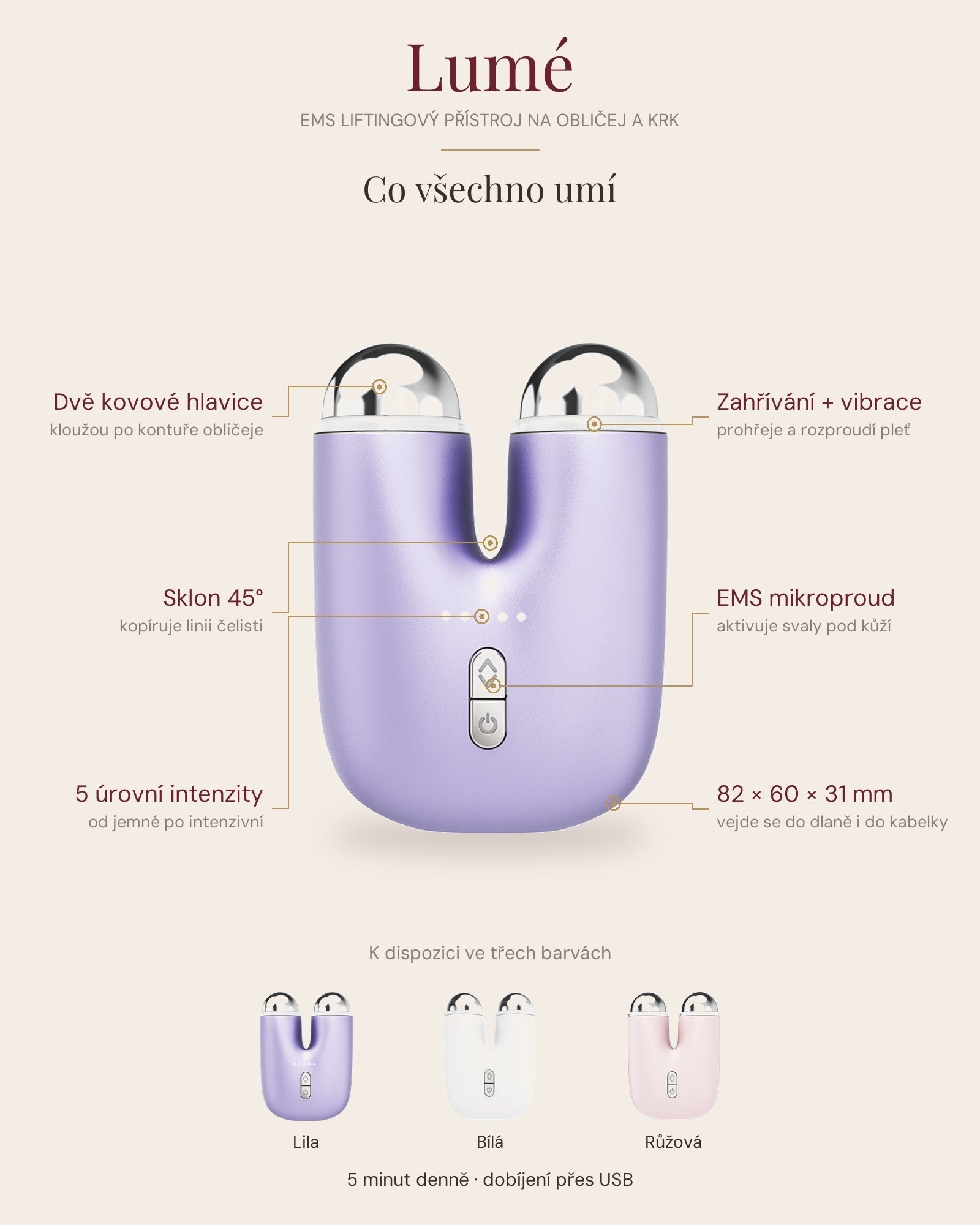 Lumé – co všechno umí: dvě kovové hlavice, EMS mikroproud, zahřívání a vibrace