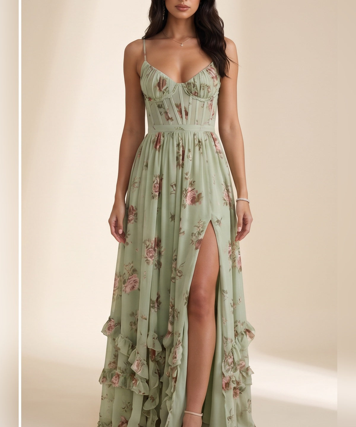 Šaty Violetta – romantické maxi, barva Šalvějově zelená