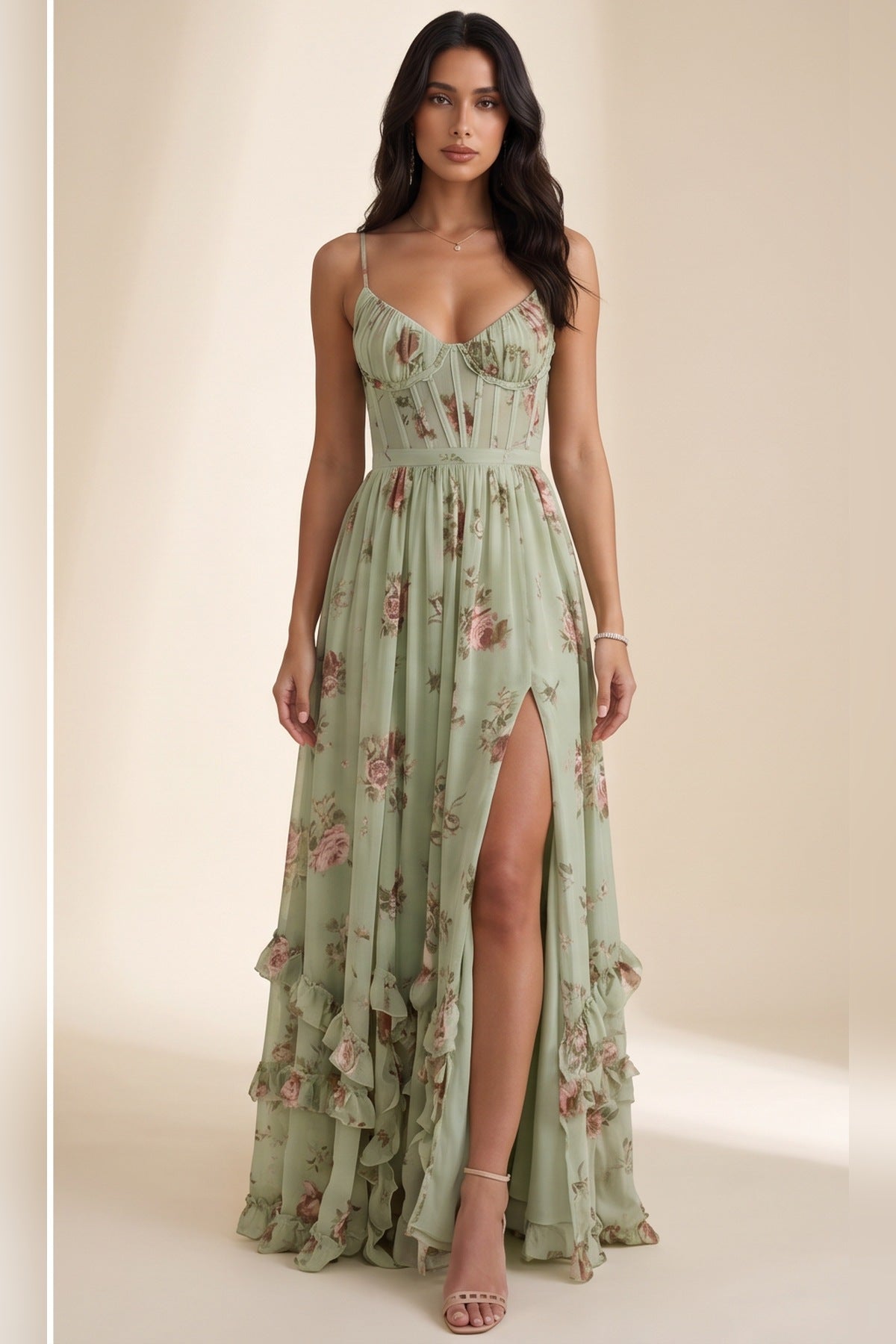 Šaty Violetta – romantické maxi, barva Šalvějově zelená
