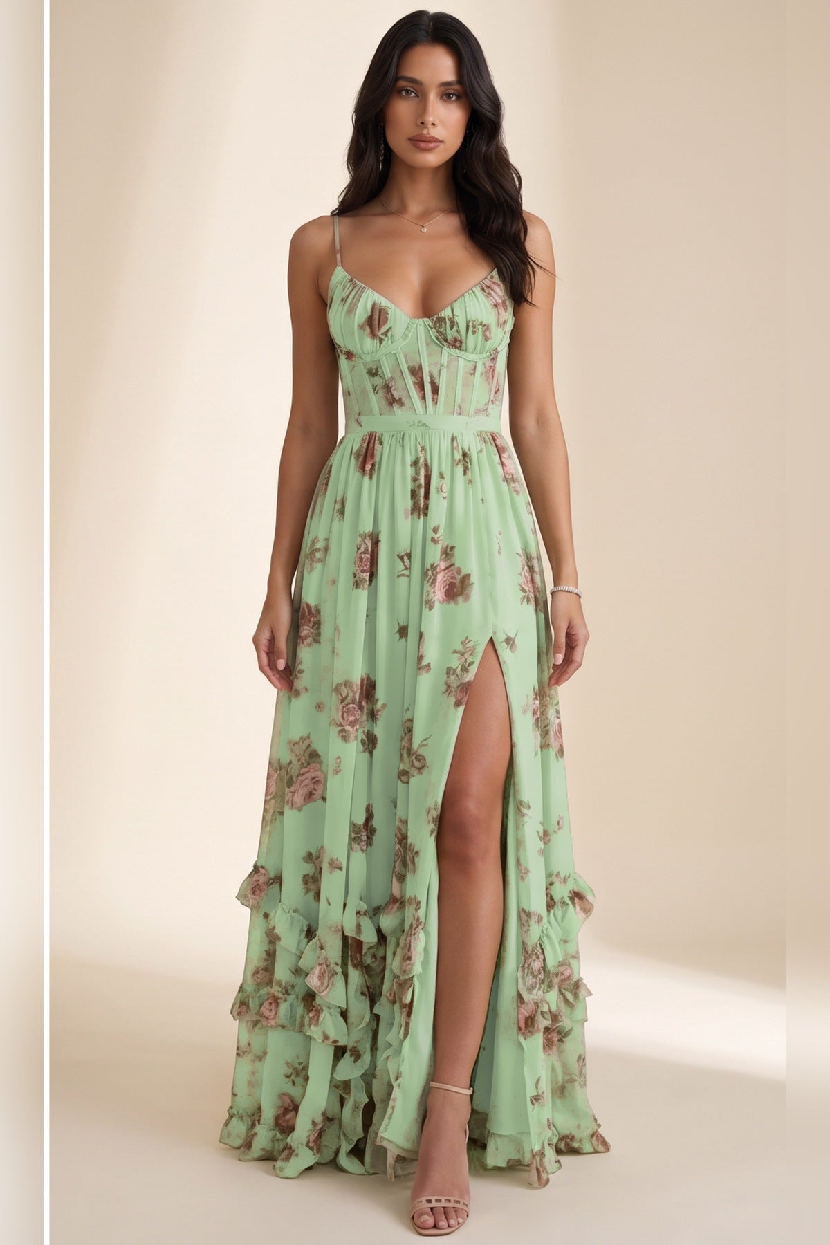 Šaty Violetta – romantické maxi, barva Šalvějově zelená